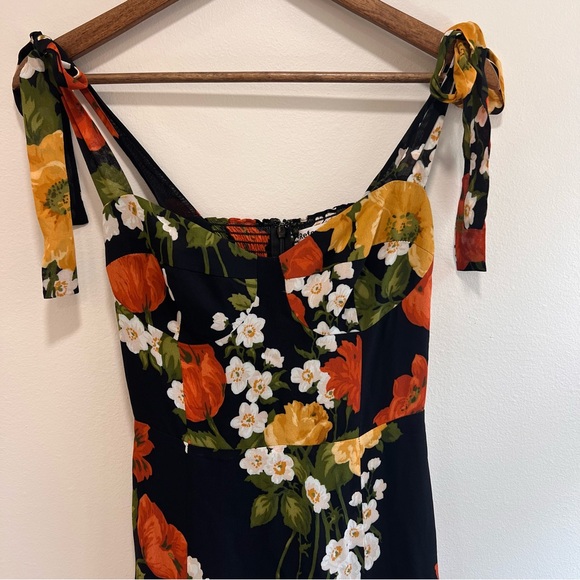 Reformation Nadira Floral Georgette Midi Dress Luisa Black Yellow Tie Straps, 4 - Picture 5 of 16